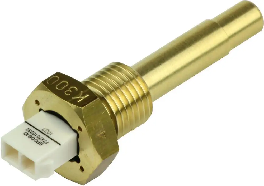 Bosch Temperaturfühler mit einem metallischen Gehäuse und einem weißen Anschlussstecker, zur Verwendung in Heizungs- oder Kühlsystemen.
